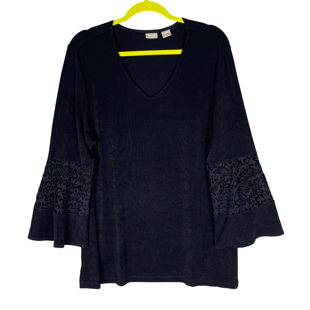 Chico's Travelers Top Womens 3/ XL Black Lace Velvet‎ Bell Sleeve V-Neck Ribbed